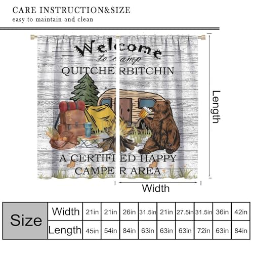 Fblifil Funny Camper Curtain,Bear Drink Beer Camping Trailer Tent Campfire in Forest Woodland Welcome to Camp Quote Window...
