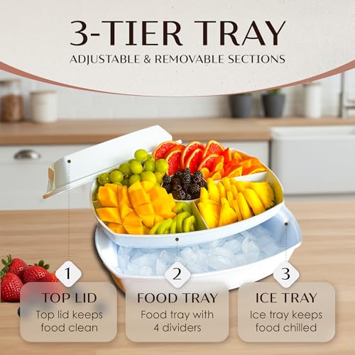 15" White-Colored Chilled Serving Tray - 3-Tier Ice Party Platter with 4 Compartments, Ice Tray & Lid, BPA-Free Melamine, ...