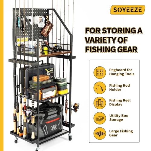 SOYEEZE Fishing Rod Holders for Garage with Pegboard and Lockable Wheels, 3-Tier Fishing Pole Rack with 10 Hooks, Fishing ...