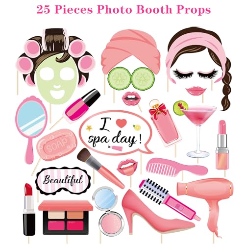 34 Pcs Spa Party Supplies, 25 Pcs Spa Party Photo Booth Props with Sticks 16 inch Aluminum Foil Balloons Banner for Girls ...