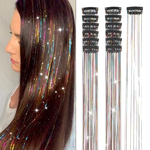 Hair Tinsel 12Pcs Clip in Rainbow Hair Accessories 20.5 Inch Fairy Hair Tinsel Kit for Women Girls Kids Glitter Extensions...