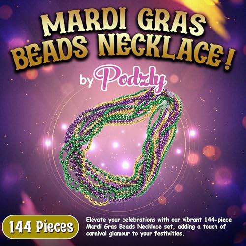 Podzly 144 Mardi Gras Beads Necklace Bulk Assortment - 33" Metallic, Bead Necklaces for Party - Dazzling Beads Necklaces f...