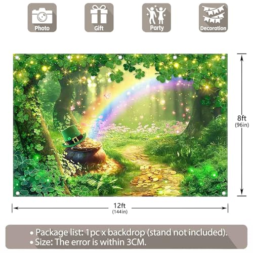 ZTHMOE Fabric 12x8ft St. Patrick's Day Photography Backdrop Spring Forest Rainbow Shamrock Gold Coins Background Festival ...