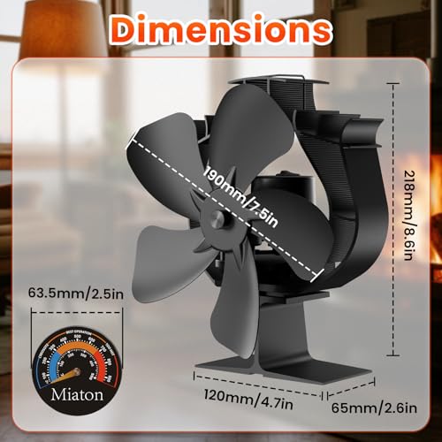 Miaton Oscillating Wood Stove Fan Heat Powered With High Air Volume | 5 Blade Fireplace Fan with Stove Thermometer | Non-e...