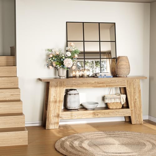 LITTLE TREE 70.9 Inches Extra Long Console Table, 2-Tier All-Wooden Rectangular Sofa Table for Behind Couch, Farmhouse Entryway Table for Hallway, Living Room, Natural Finish with Trapezoidal Design