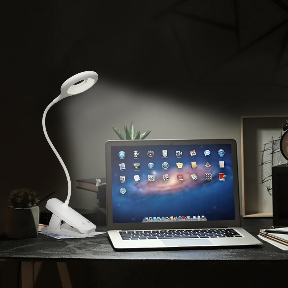 CUHIOY 2Pack Clip on Reading Light, 5 Colors 5 Brightness Bed Light for Headboard, Battery Rechargeable Flexible Arm Table Lamp with Clamp, Eye Protect LED Book Light at Night for Crafting（White）