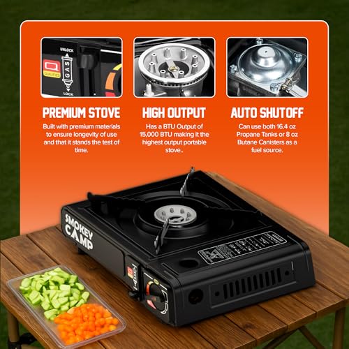 Portable Camping Stove with Plastic Suitcase 3000W Dual Fuel Compatable with Butane or Propane Fuel Tanks, Automatic Ignit...