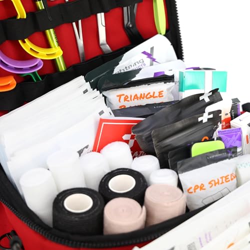 Lightning X Mid-Sized First Responder EMT Bag | LXMB25 | Fully Stocked w/ 240+ First Aid, EMS & Trauma Supplies - RED