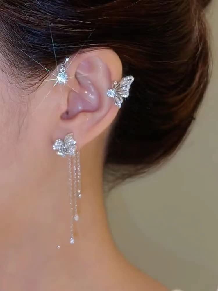 2Pcs Zircon Butterfly Ear Cuff Earrings for Women No Piercing Clip Wrap Around Fake Earrings Ear Crawler Rhinestone Wrap (Silver 1)