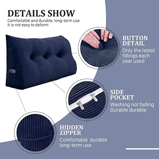 Wedge Headboard Pillow Dorm Room Reading Pillow Back Support for Sitting Up in Bed Bolster Lumbar Cushion Body Positioning Bedrest Corduroy (Navy Blue, Twin (39 * 8 * 20in))