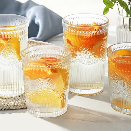 Loivttvv 12pcs Vintage Drinking Glasses Set, 12 oz Highball Glasses & 9 oz Embossed Ribbed Glassware Cups for Cocktail, Wa...