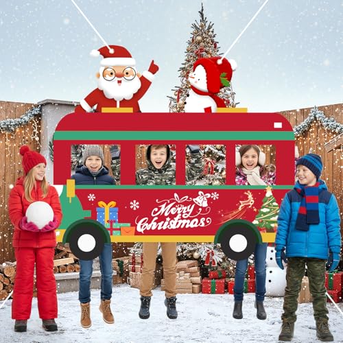 Christmas Bus Photo Booth Prop Merry Christmas Party Decorations Xmas Photography Background Backdrop Door Banner for Kids...