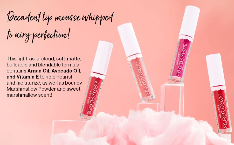 wet n wild Liquid Lipstick Cloud Pout Marshmallow, Light Pink Cloud Chaser | Matte Lip Cream Mousse | Argan Oil | Vitamin E (Pac