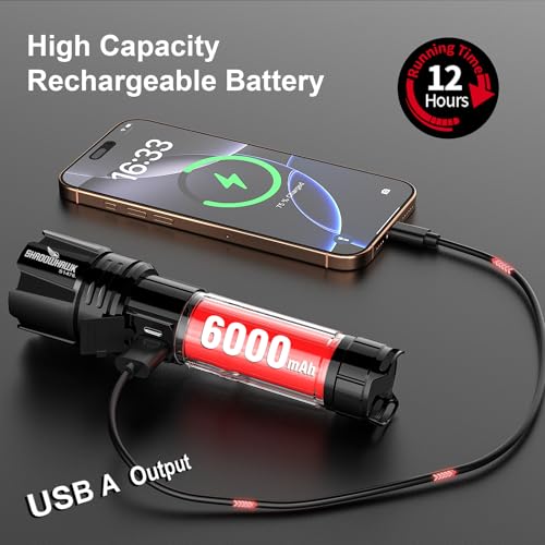 Flashlight 20000 High Lumens Rechargeable - 30W Super Bright LED Flash Light | 5000ft Beam & 12H Long Lasting USB C High P...
