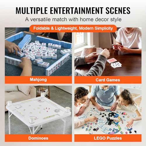 VEVOR Mahjong Table, Square 4 Player Folding Card Table with 4 Cup Holders & 4 Chip Trays, Portable Domino Game Table with 1 Set of Dominoes for Mahjong Poke Puzzles, 35.4 x 35.4-inch, Black