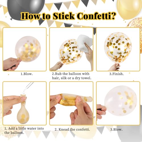 RUBFAC 130pcs Black and Gold Balloons, Black Metal Gold and Metallic Confetti Gold Balloons for 2026 New Year Graduation C...