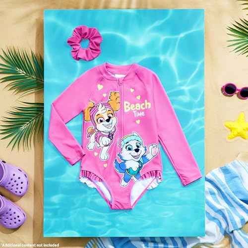 Paw Patrol Girls Swimsuit Long Sleeve Pink One Piece Bathing Suit for Girls with Scrunchie