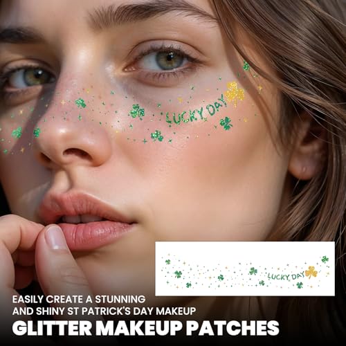 EMOME St Patrick Day Accessories, St Patrick's Day Glitter Shamrock Face Tattoo with Green Face Gems and Faux Freckles, Sa...