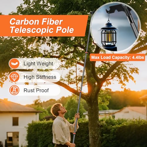 Msnaile Carbon Fiber Christmas Light Pole Hanger Tool, Extendable 4.7-24 FT High Reach Telescoping Pole with Hook for Roo...
