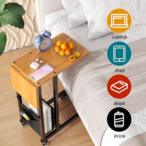 Simple Trending C Shaped End Table, Folding TV Tray Couch Side Table for Sofa on Wheels, Black