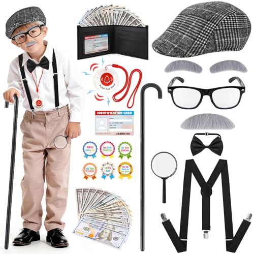 FUSPWEAO Kids 100 Days of School Costume for Boys - 1920s Old Man Grandpa Costume Set with Beret, Cane, Mustache & Wallet ...