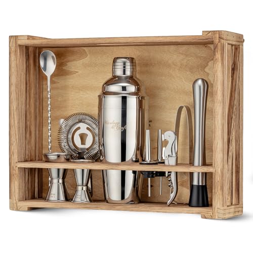 Mixology & Craft 11-Piece Cocktail Shaker Set with Wood Stand | Complete Cocktail Kit Gift Set | Top Bartender Gifts for M...