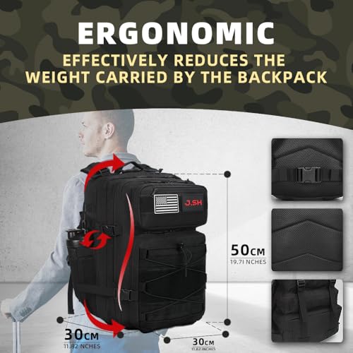 J.SH 45L Military Tactical Backpack Gym Bag Black Assault Bag Hiking Backpack for Men and Women with Bottle Holder - 45L B...