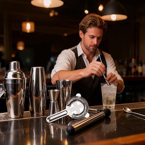 31Pcs Travel Bartender Kit–Bartending Kit with Bar Tools Bartender Accessories,Canvas Tool Bag–Professional Stainless Stee...