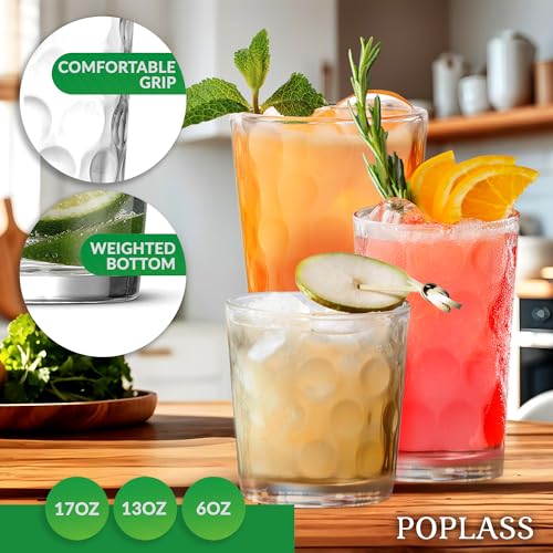 POPLASS Melrose 18-Piece Family Drinking Glasses Set - Drinking Glassware Set with Highball Cooler, DOF (Double Old Fashio...