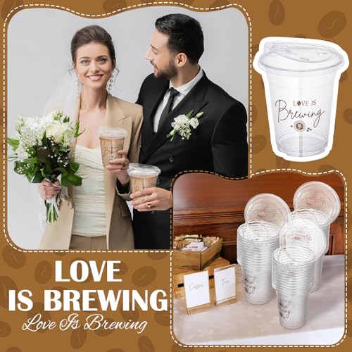 Willinglong 50 Pack Love Is Brewing Bridal Shower Cups Wedding Coffee Cups with Strawless Sip Lids 12 oz Love Is Brewing I...