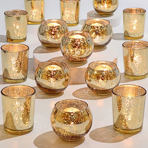 DEVI 24pcs Assorted Gold Votive Candle Holders, Mercury Glass Candle Holder, Diwali Decorations, Gold Wedding Centerpieces...