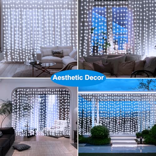 echosari Curtain Fairy Lights 300 LED Hanging Lights USB Powered Copper Curtain String Lights 9.8Ft x 9.8Ft for Wall Chris...
