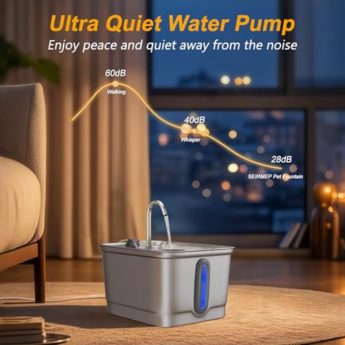 SEIRMEP Stainless Steel Cat Water Fountain, 101oz/3L Automatic Pet Water Fountain, Dog Water Fountain with Replacement Fil...