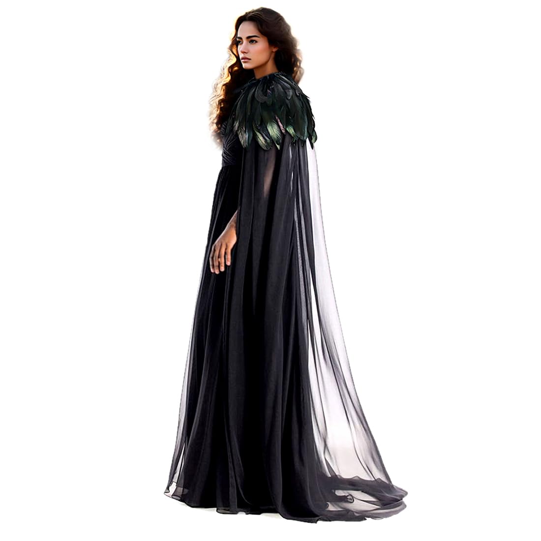 L'VOW Women Black Feather Cloak Gothic Feather Collar Tulle Cape Vampire Cloak Witches Cape Cosplay Costume