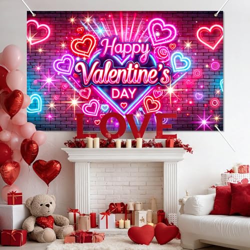 BlissYard Valentine’s Day Neon Banner Happy Valentine Backdrop Love Heart Light Effect Background for Valentine Party Deco...