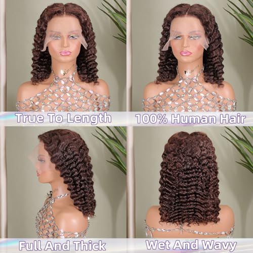 Curly Bob Wig Human Hair Deep Wave 13x6 HD Lace Front Wigs For Black Women Human Hair Pre Plucked Wear And Go Glueless Short Wet And Wavy Chocolate Brown #4 14 Inch