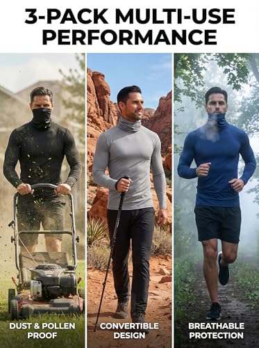 3 Pack Men's Sun Protection Shirts with Built-in Face Mask, UPF 50+ Long Sleeve Fishing Running Work Outdoor Cooling Tee