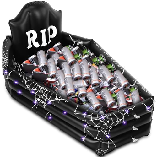 Tanlade 40 Inch Halloween Coffin Drink Cooler 120+cans Large Capacity with Suction Cup and String Light Inflatable Coffin ...