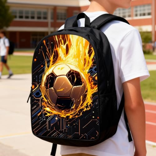 3-Piece Sports Theme Backpack Set - Green Soccer Ball Pattern Daypack with Insulated Lunch Bag and Pencil Case - Casual Gy...