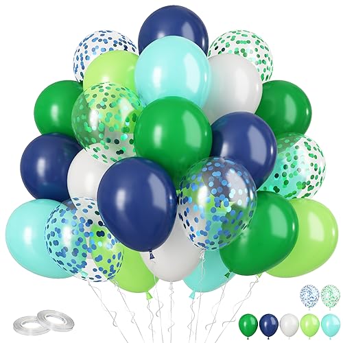 60Pcs Blue and Green Balloons, 12 Inch Navy Blue Fruit Green Confetti Balloons Teal Blue White Latex Balloon for Kids Birt...