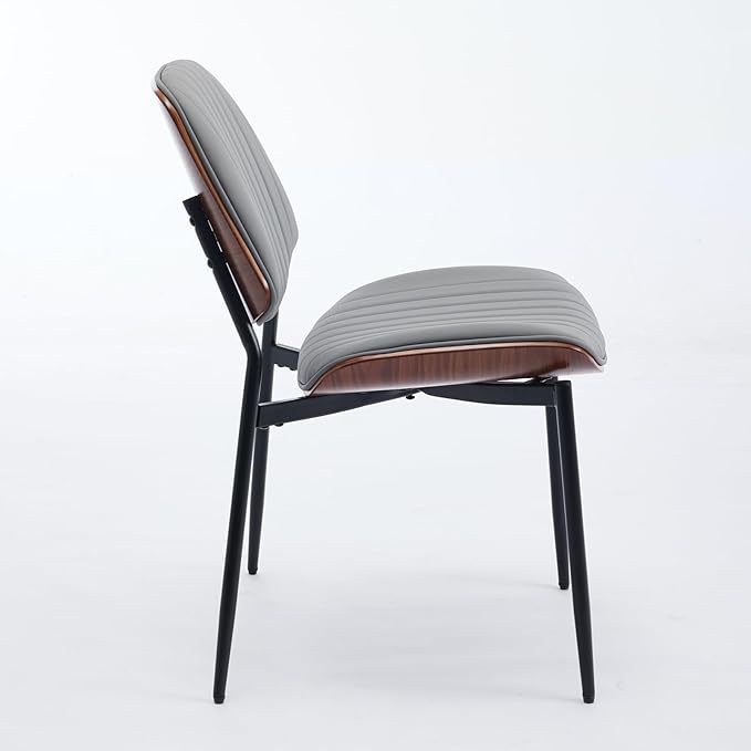 YaFiti Dining Chairs Set of 6, Mid Century Modern Accent Dining Room and Kitchen Chairs, Upholstered PU Leather Vertical Stripe Chairs for Vanity with Walnut Bentwood and Metal Legs, Gray