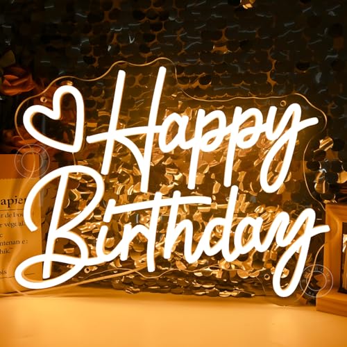SYLHOME Happy Birthday Led Neon Light Sign Heart Birthday Party Bedroom Wall Sign Decor Banner Birthday Backdrop Light Up ...