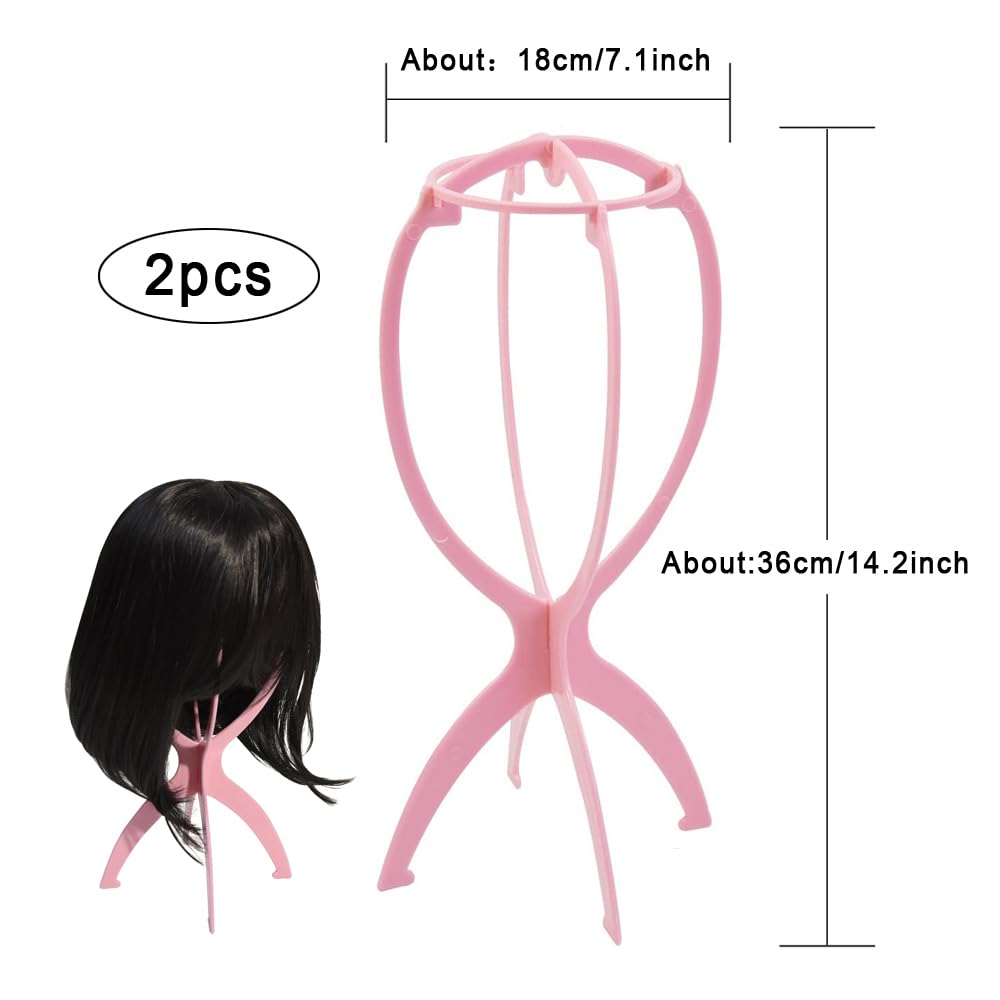 YANTAISIYU 2 Pieces Wig Stands Wig Head Stand 14.2 Inches Travel Portable Wig Holder for Multiple Wigs and Hats (Pink)