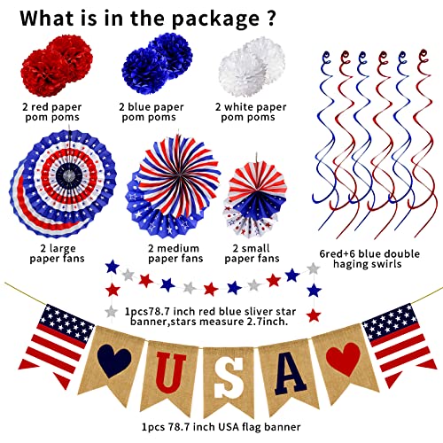 26Pcs Patriotic Decorations 4th of July Decorations LOVE USA Banner Red White Blue Paper Fans Star Streamer Pom Poms Hangi...