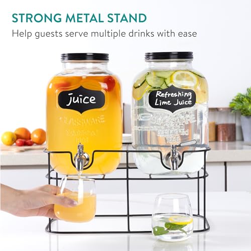 Navaris Glass Double Jar Drink Dispenser with Tap - Includes Metal Stand - For Cocktail Drinks, Lemonade, Water or Beverag...