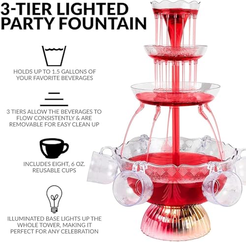 RCJCQSR 3-Tier Clear Wine Beverage Fountain Party Fountain with LED Light Lighted Base Includes 8 Reusable Cups for Bar We...