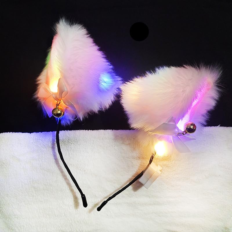 YOVECATHOU Light Up Headband Cat Ears With Bell Furry Headband Rave Accessories For Women Girls Valentine's Day Party Costume