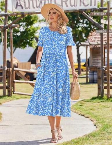 Zeagoo Womens Summer Dresses 2026 Casual Midi Dress Flowy Sundress Ruffle Short Sleeve Tiered Dresses A Line Boho Dress