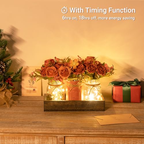 Mkono Mason Jar Lights Centerpiece Table Decorations for Dining Room Farmhouse Coffee Table Decor Tray with 3 Jars Flowers...