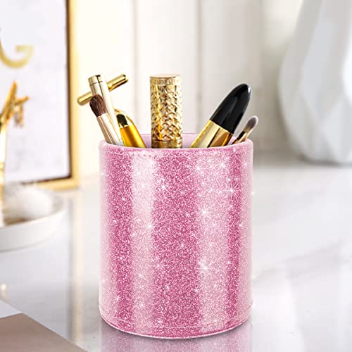 WAVEYU Glitter Pen Holder for Desk, Cute Pencil Cup Pink for Women Girls, Luxury Makeup Brush Holder Large Pu Leather Mult...